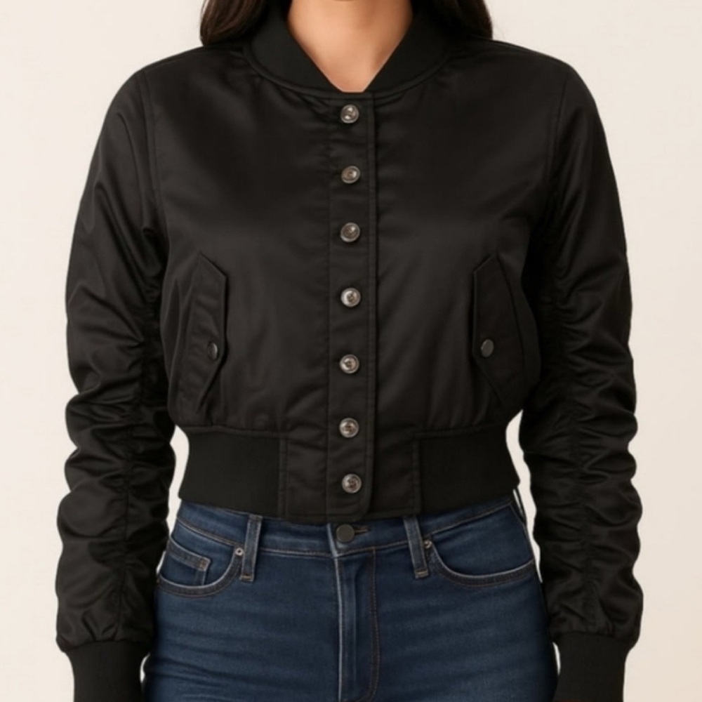 Cropped Button Up Satin Bomber Size 18